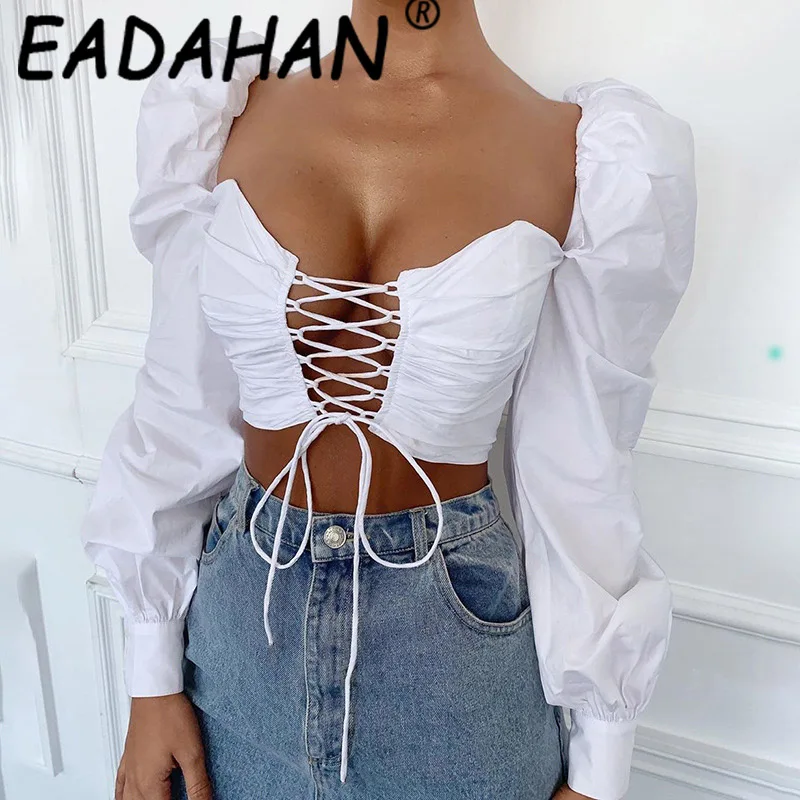 

Eadahan 2021 New Fashion Women's Lantern Sleeve Solid Color Sexy Slim Fit Wrapped Chest Tie Navel V-neck Long Sleeve