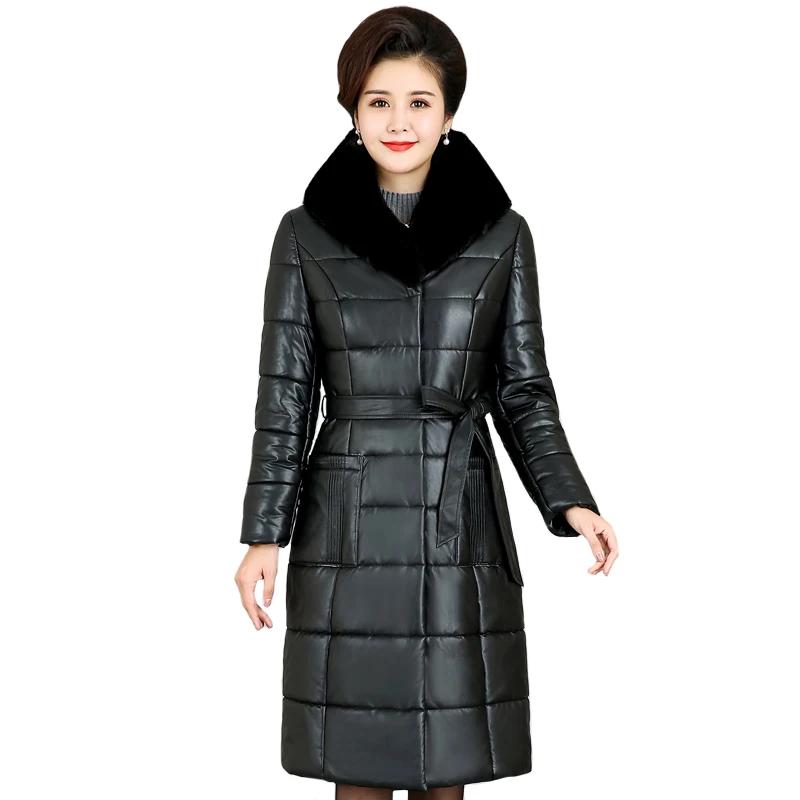 Женская меховая кожаная парка зимняя куртка с меховым воротником и капюшоном