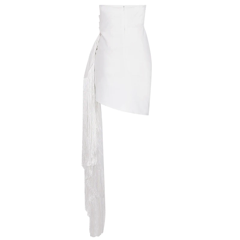 

Beateen Sexy Bandeau Strapless Ruched Wrap Fringe Mini Dress Women 2019 New Fashion Outfit Runway Tassel Vestidos White