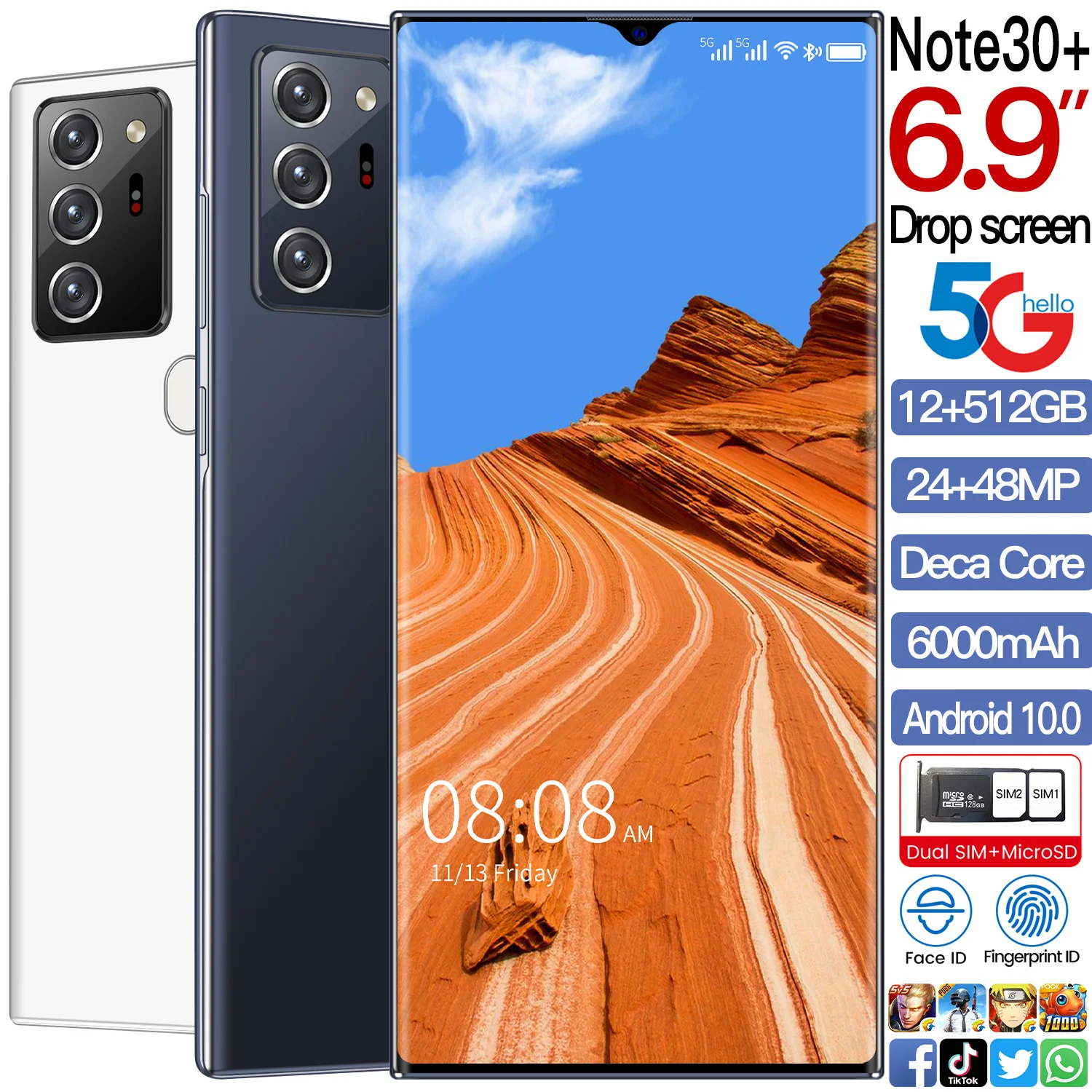 

2021 Newest 6.9" Galax Note30+ Mobile Phone Snapdragon 865 Android 10.0 12GB+512GB 6000mAh Fingerprint Unlock Smart Cellphone
