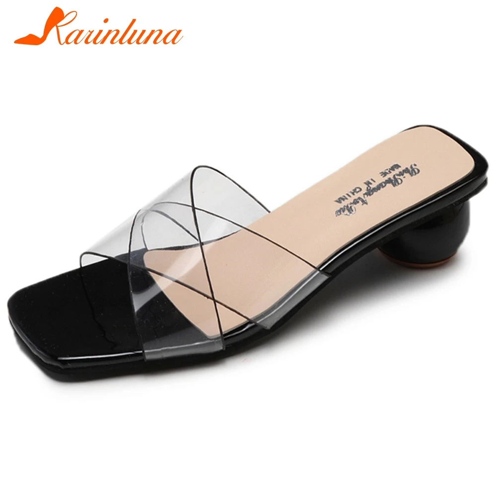 

Женские вечерние шлепанцы KARINLUNA, повседневные Шлепанцы из ПВХ, на среднем каблуке, с открытым носком, летняя обувь