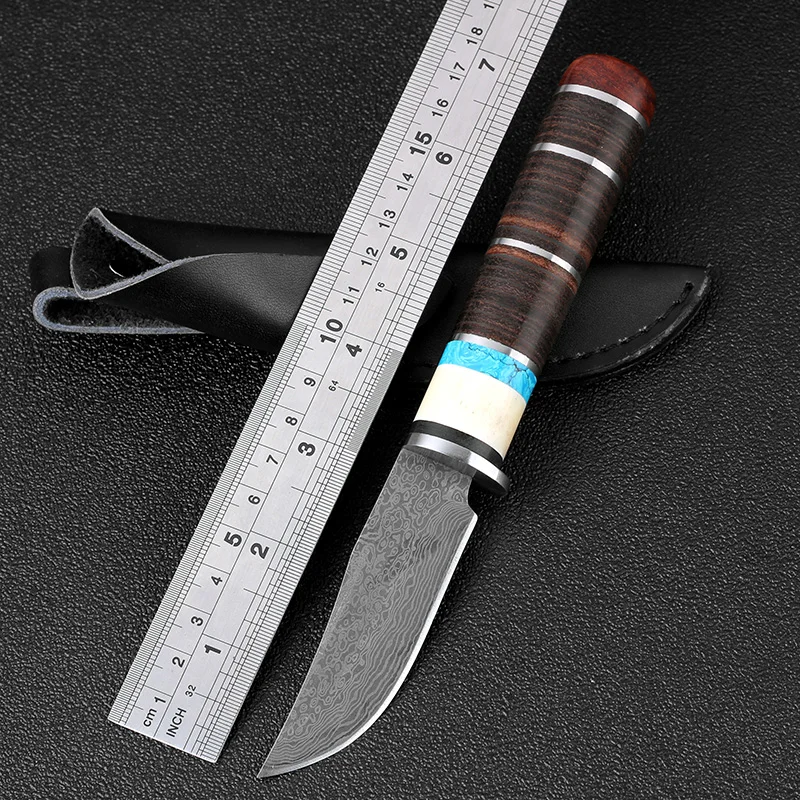 

High-carbon steel Tactical Knife Damascus pattern Hunting knife Handmade leather beautiful handle camping survival Knives EDC