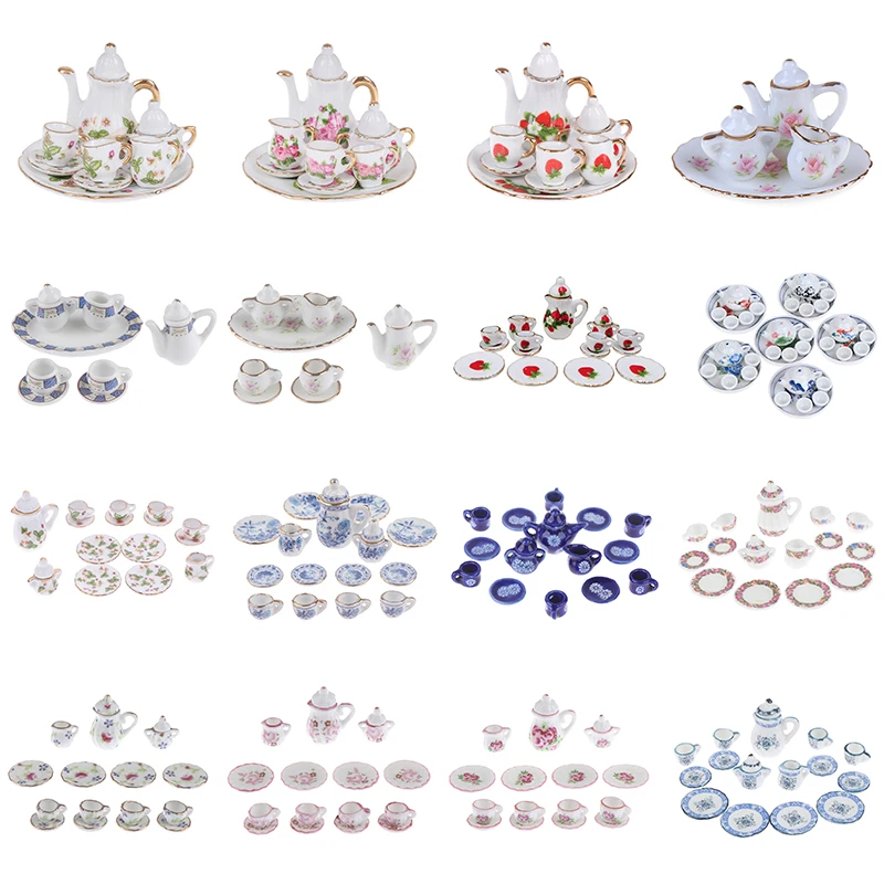 

1:12 Miniature Porcelain Tea Dish Tray Cup Coffee Tea Set Chintz Flower Tableware Kitchen Doll House Furniture Toys For Children