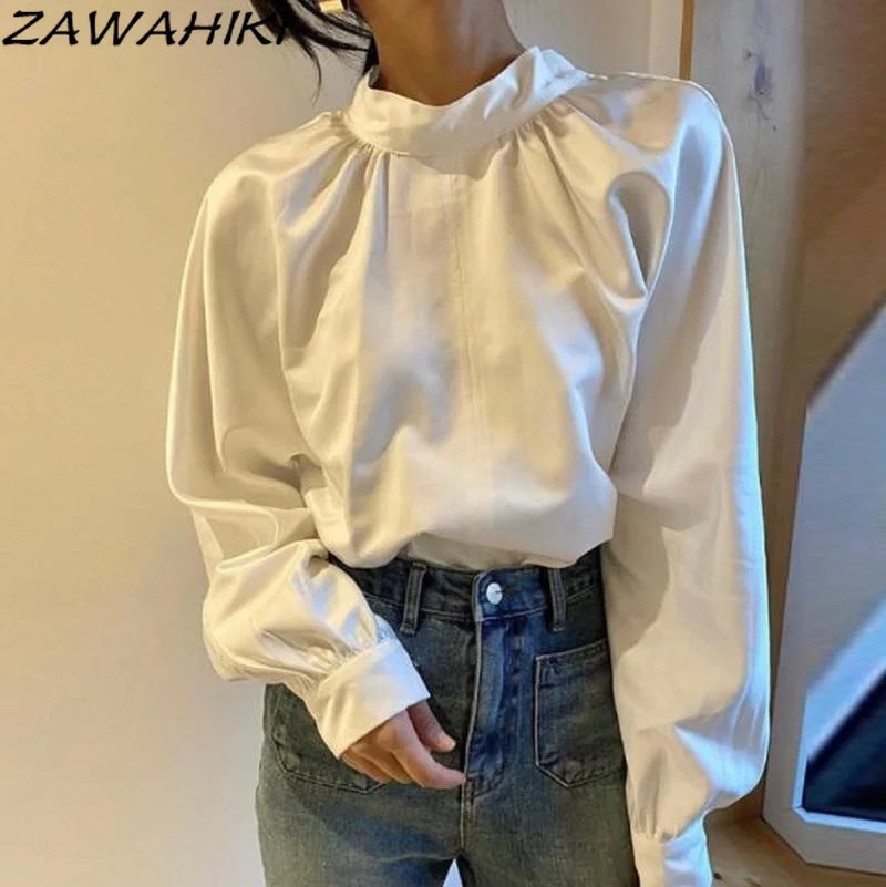 

ZAWAHIKI Blouses De Mujer Office Lady Bandage Solid White Korea Fashion Autumn Stand Collar Loose Long Puff Sleeve Tops Women
