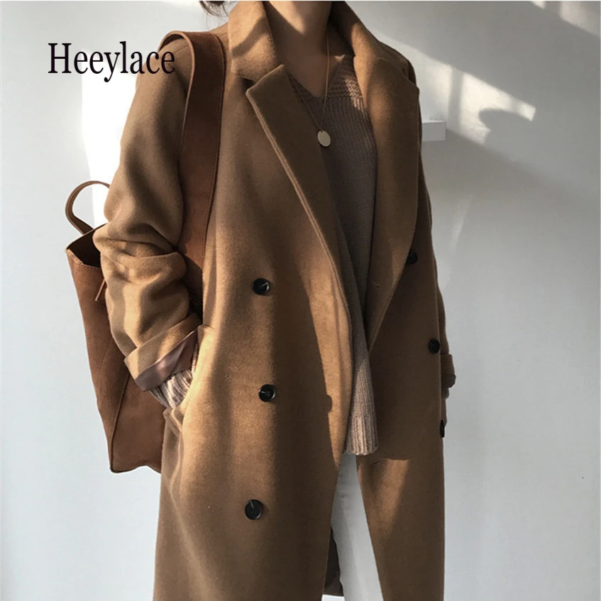 Женское шерстяное двубортное пальто черное или коричневое длинное большого