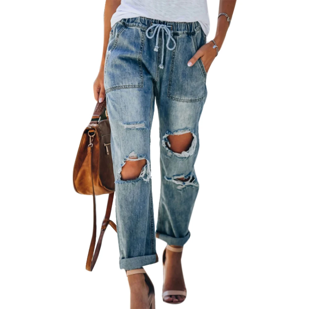 

Distressed Women Jeans Pockets Mid Waist Drawstring Elastic Full Pants Streetwear Ripped Hole Fashion Lady Denim Pants