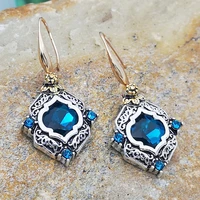 trendy ethnic palace style rhombus inlaid blue crystal rhinestone dangle earrings engraving geometric pattern for women jewelry