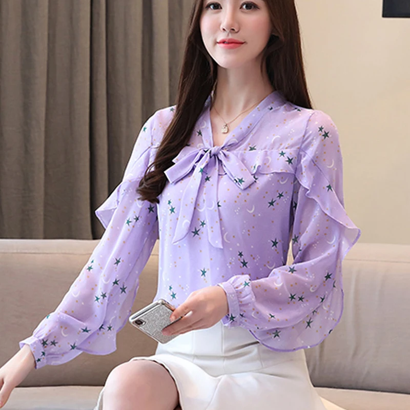 Шифоновая женская рубашка с оборками новинка весны 2020 блузки длинным рукавом и