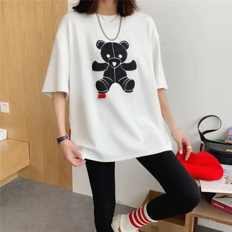 

2021 NEW Pure Cotton Harajuku Oversized Bear T-shirt Women Fashion Clothing High Quality Summer Loose Kawaii Tops for Women