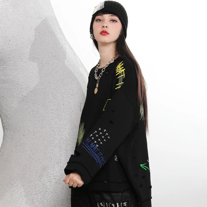Max LuLu модные корейские женские осенние панк уличные женские свободные толстовки с дырками Повседневные свитера большого размера с вышивкой