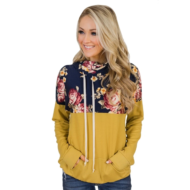 

Womens Autumn Long Sleeve Drawstring Sweatshirt Floral Color Block Patchwork Tunic Tops Cowl Neck Casual Loose Pullover with Po