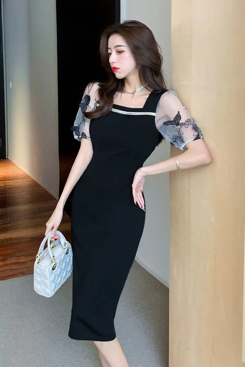 

COIGARSAM Patchwork Women dress New Spring Summer Embroidery Mesh Dresses Black 3203