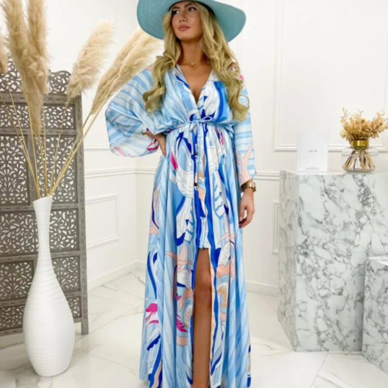 

Vintage Deep V Neck Printing Maxi Dress Women Casual Long Sleeve Button Elastic Waist Party Dresses Boho Summer Beach Long Dress