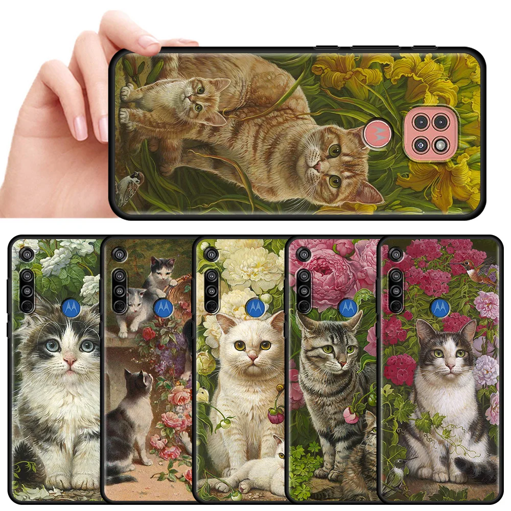 

Cat With Flowers Black Soft Case for Motorola One Fusion G9 Play G8 Power Lite Plus E6s G30 G Stylus Edge 5G Phone Cover Shell