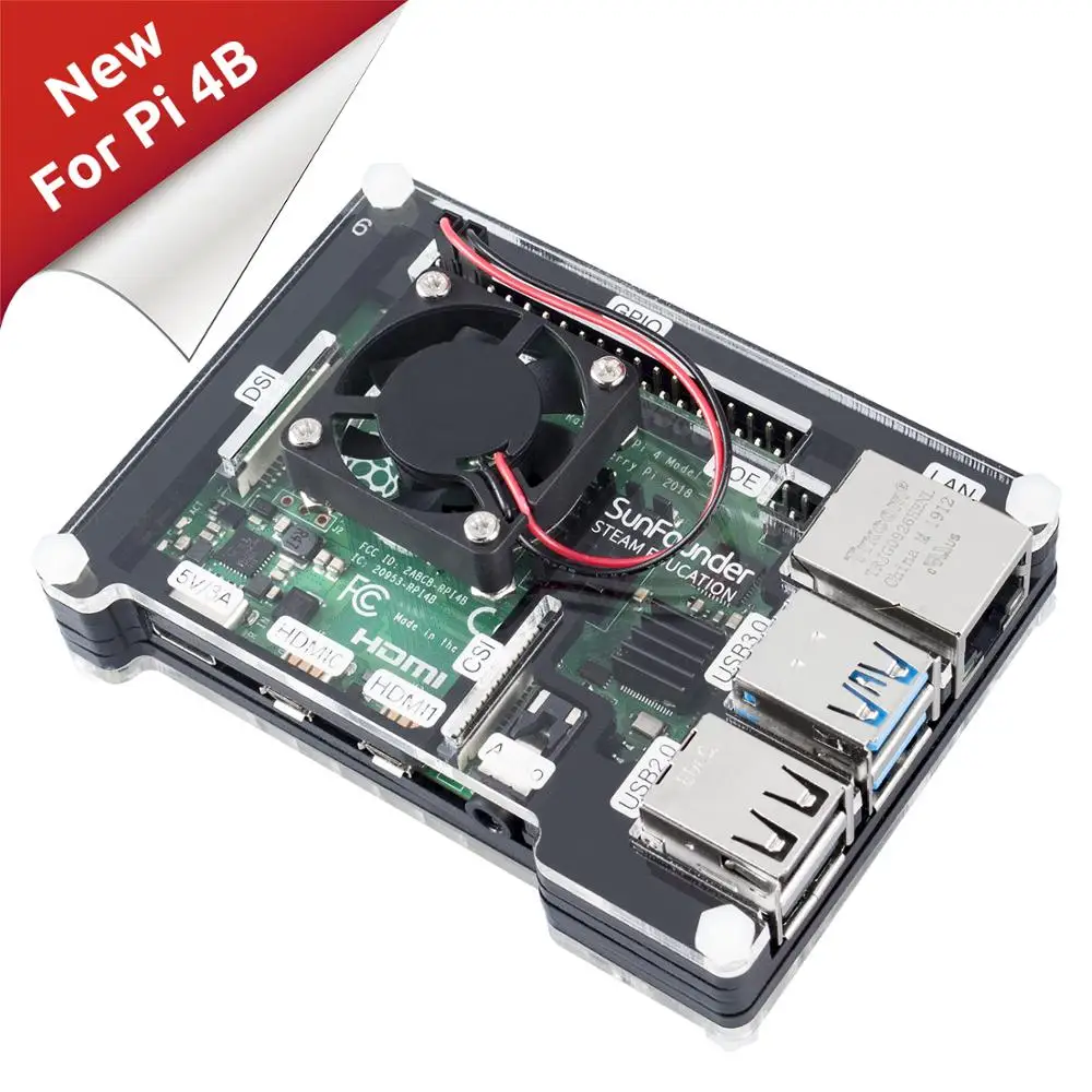 Чехол для Raspberry Pi 4 SunFounder с вентилятором и радиаторами 6 слойный акриловый чехол