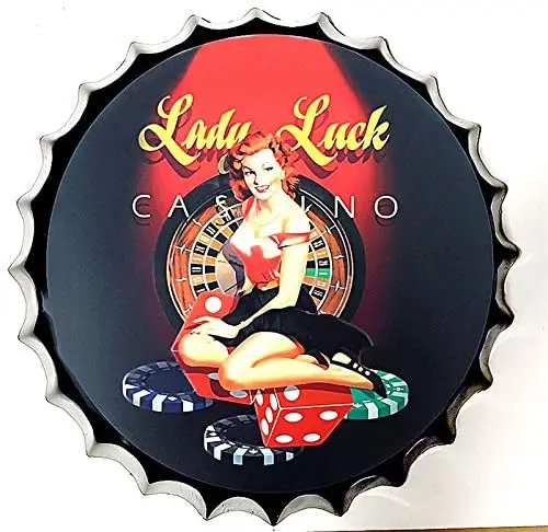 

Retro Sign Lady Luck Bottle Caps Retro Metal Tin Sign Diameter 13.8 Inches - Handcrafts Home Decor Bar Plaque Lounge Man Cave