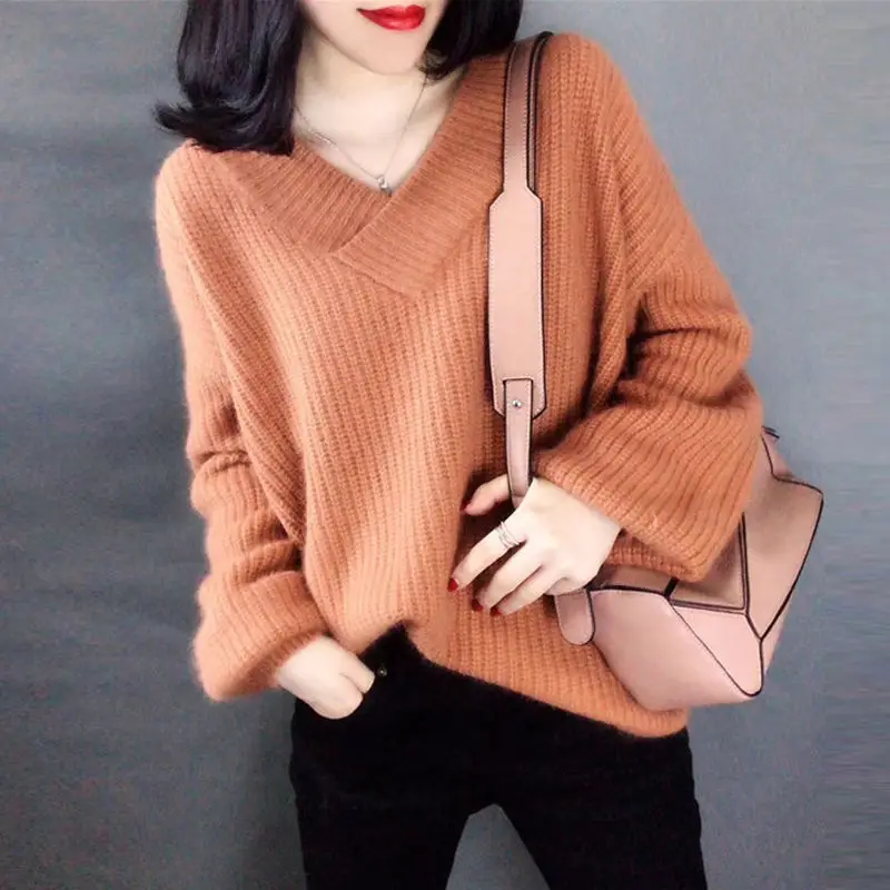 2023 Women Sweater Dark Green V-Neck Winter Fashion Clothes Long Sleeve Solid Casual Pullover Korean Knitting New Fall Top Y23 images - 6