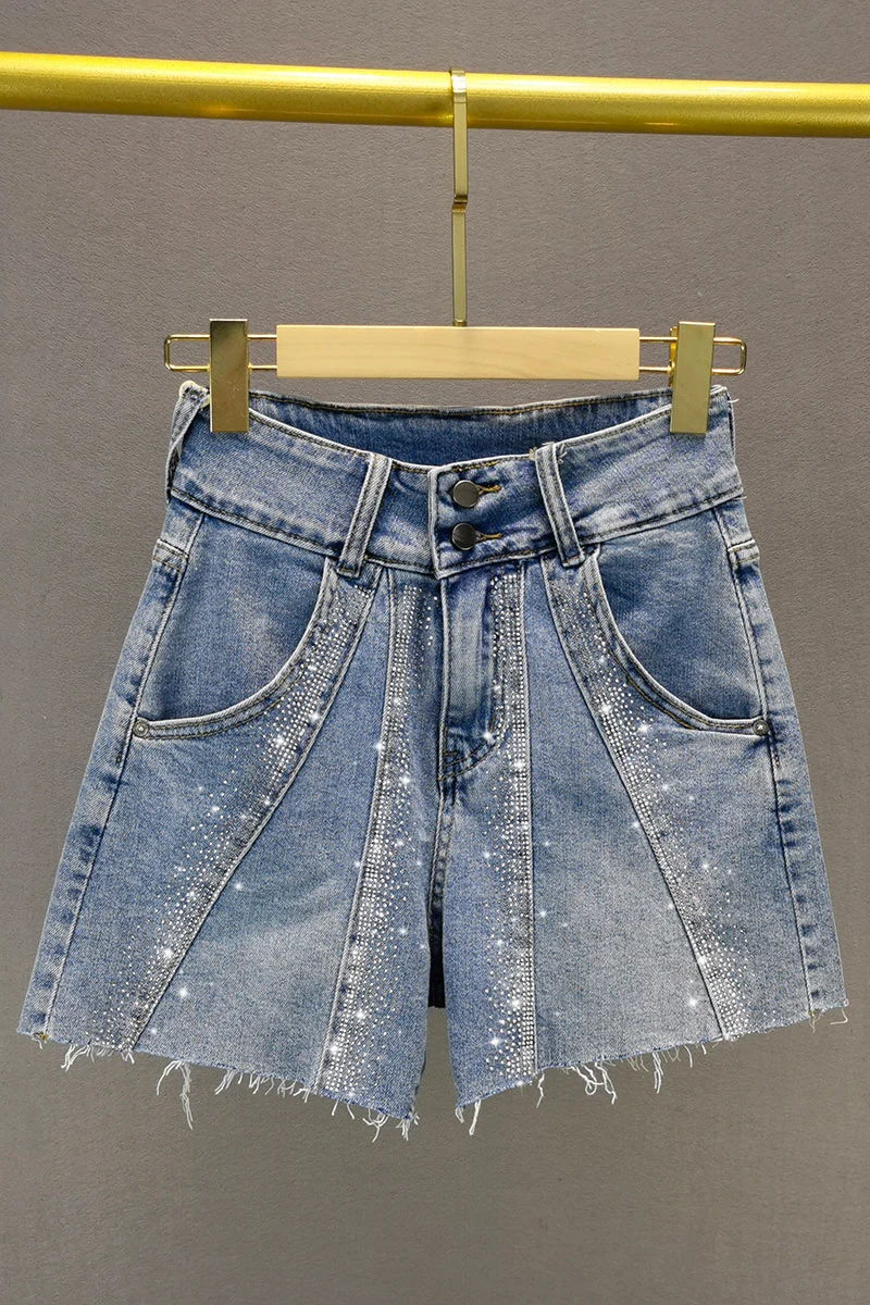 

European Rhinestone Wash Denim Shorts Women 2021 Summer New Cotton Elastic High Waist Blue Jeans Shorts Loose Slimming HotPants