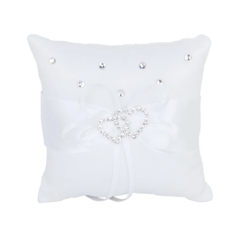 

White Double Heart Rhinestone Ring Pillow Wedding Ring Bearer Cushion 10*10Cm