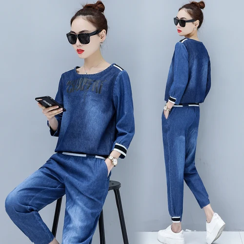 

Women Plus Size Suits And Sets Denim Two Piece Set Top And Pants Casual Womens Clothing Ensemble Femme 2 Piece Sets Outfits