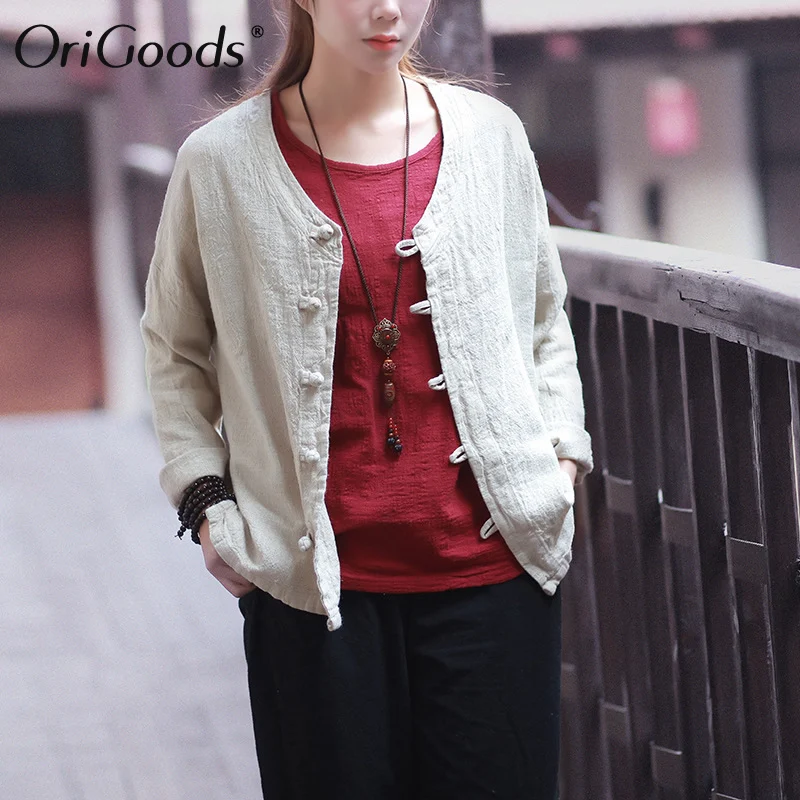 Льняная рубашка OriGoods Женская винтажная льняная блузка в китайском стиле