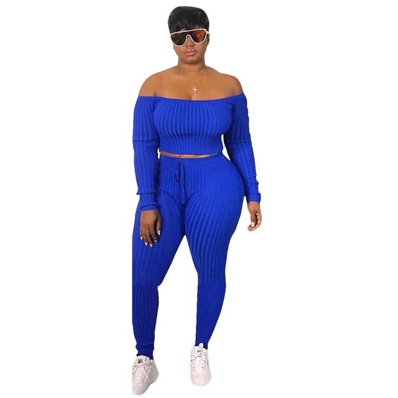 

Fashion Plus Size Tracksuit Women 2 Piece Set Solid Long Sleeve Crop Top Pencil Pants Suit Ribbed Knitted Outfit Leisure Clothes