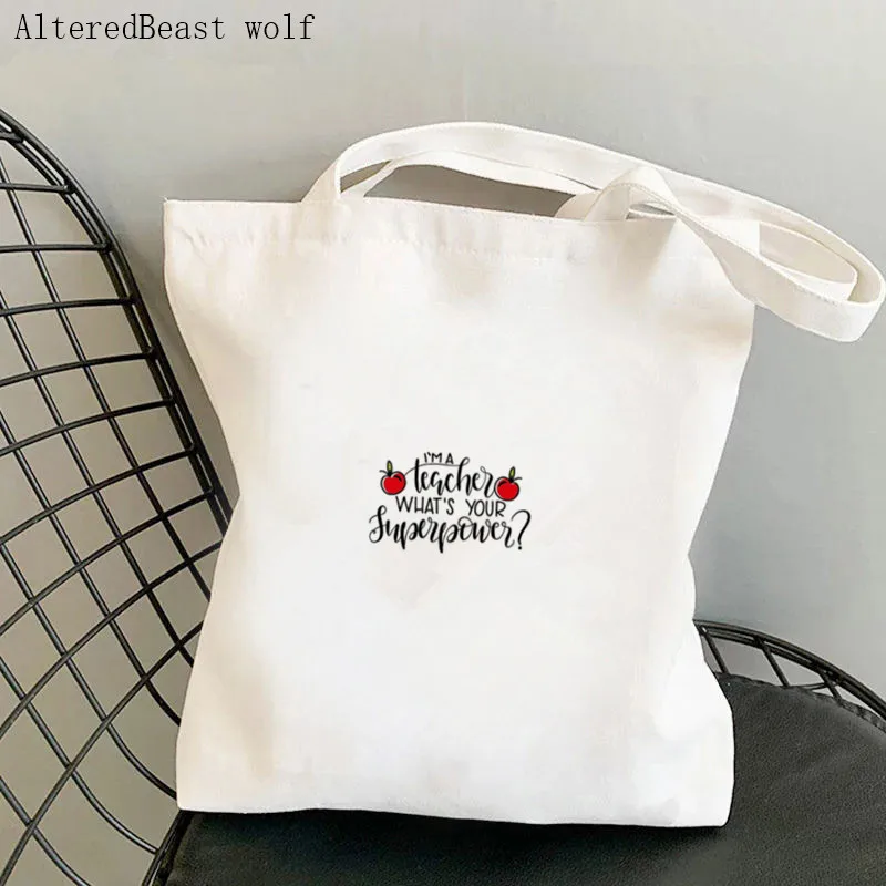 

Women Shopper bag Teacher Superpower Printed Kawaii Bag Harajuku Shopping Canvas Shopper Bag girl handbag Tote Shoulder Lady Bag
