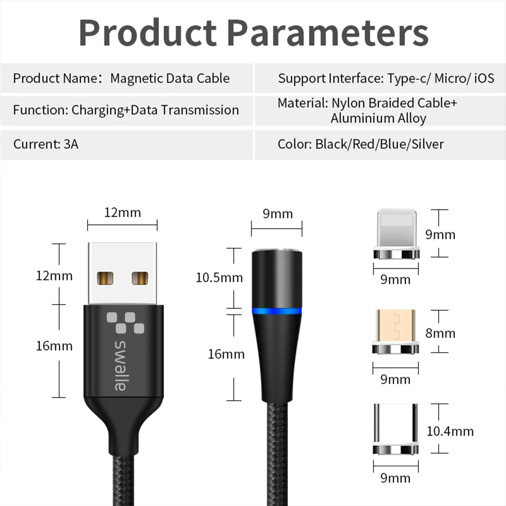 Swalle Магнитный usb-кабель для передачи данных с Светодиодный индикатор зарядки 3A быстрой зарядки Micro Тип usb C кабель для samsung S8 S9 plus Note 9