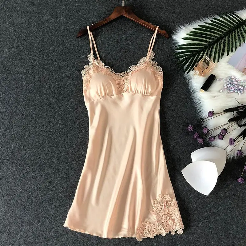 

Women Robe Satin Nightgown Sexy Nightshirt Sleepwear Lace Bath Gown Summer Casual Home Night Dress Nighty with Bra Padded
