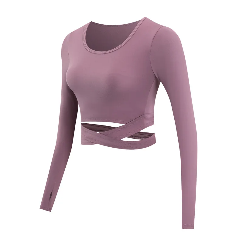 Новая одежда для йоги с длинным рукавом Сетка Красный Фитнес Йога Бег крест пупок