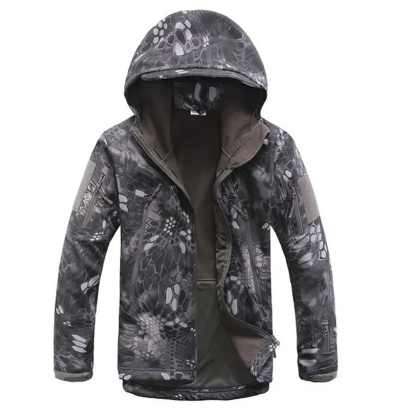 Sharkskin софтшелл Куртки флис с капюшоном Камуфляж Топы корректирующие зима Охота Военная Униформа Снайпер одежда Ghillie костюм