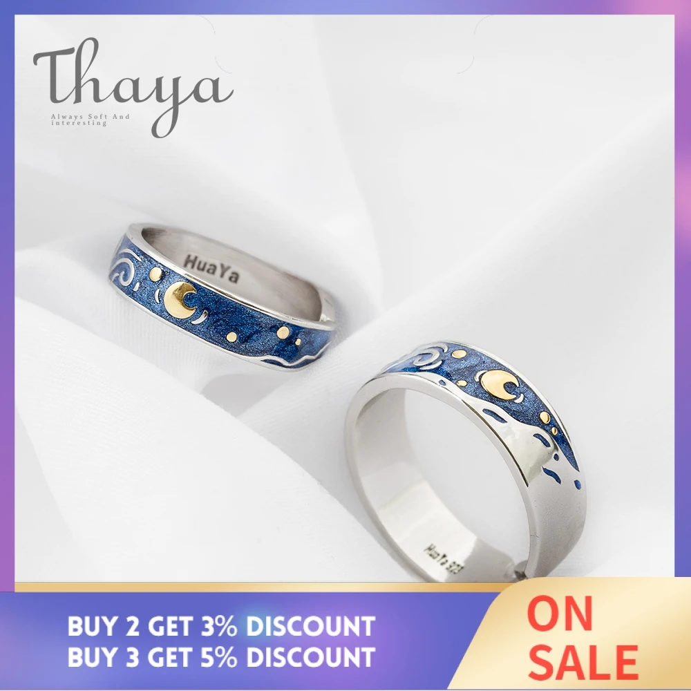 Эмалированные парные кольца Thaya Van Gogh, небесная звезда, Луна, s925 Серебряные блестящие кольца, обручальное кольцо, свадебные ювелирные изделия для женщин