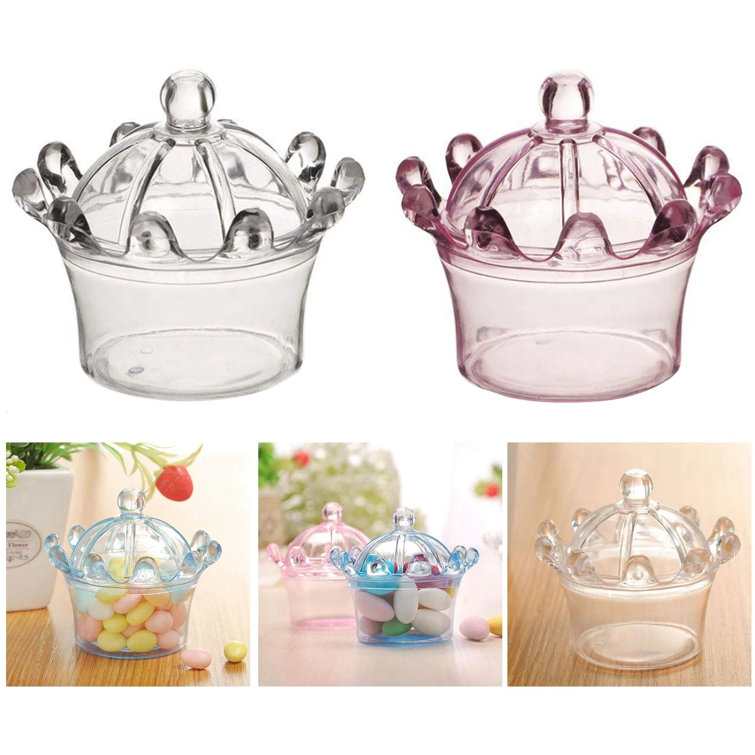 

12 PCS Candy Boxes, Plastic Mini Dome with Crown Design Party Decoration Clear Plastic Crown Fillable Party Favor Box for Candie