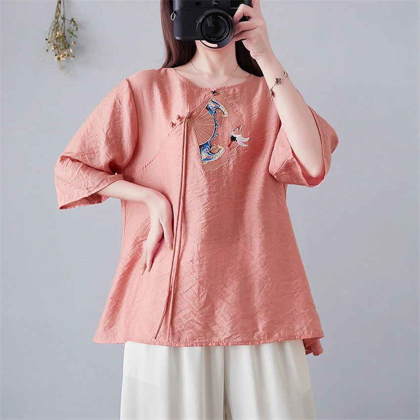 

New 2021 Chinese Fashion All-match Cotton Linen Girl Tee Shirt T-shirts Women Summer Vintage Floral Embroidery Casual Top Shirt