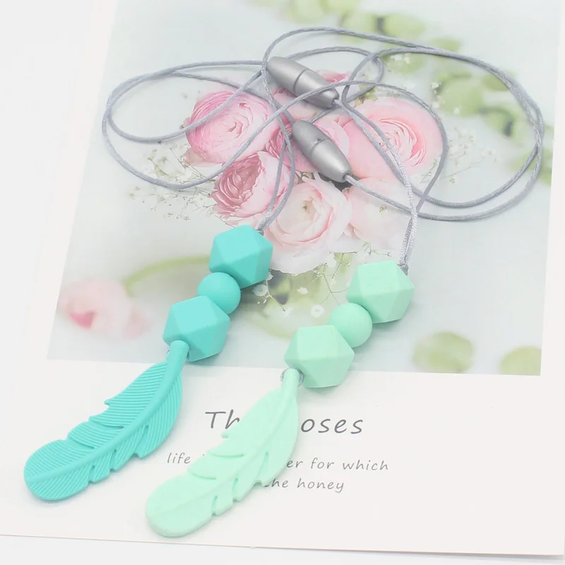 Collar de dentici&oacute;n de cuentas de silicona para beb&eacute;, joyer&iacute;a de grado alimenticio para mam&aacute;, colgante de pluma masticable, 1 pieza, gran oferta-1