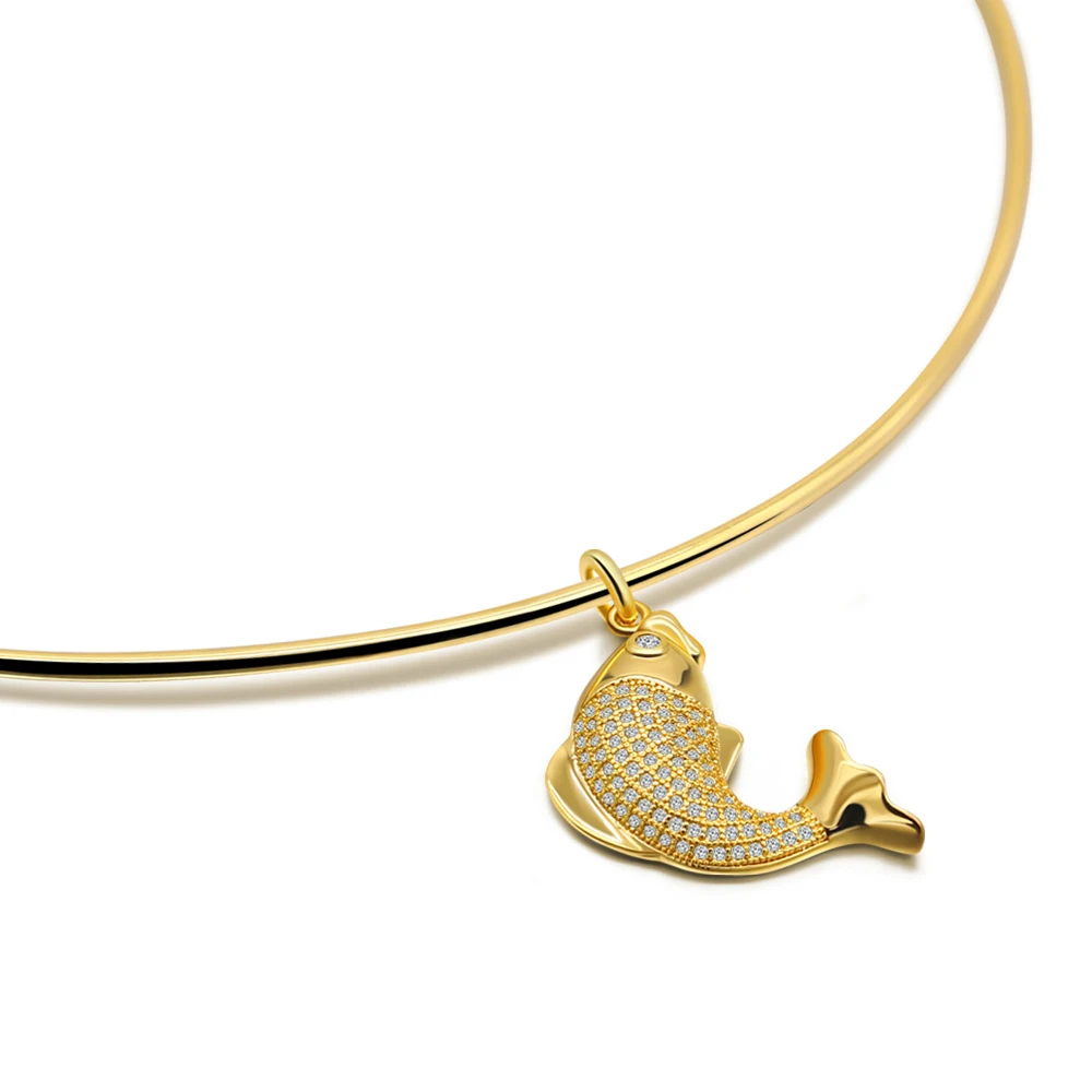 Женское колье чокер из серебра 925 пробы с подвеской в виде золотой рыбки|Ожерелья|