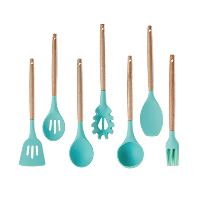 7pcs 5-13 шт силиконовые инструменты для приготовления пищи набор кухонной посуды с ящиком для хранения токарные щипцы шпатель с деревянной ручкой Антипригарная посуда - Цвет: 7pcs