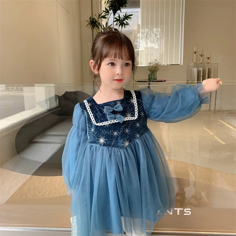 

Girl Gown Kids Baby Party Evening Dress 2021 Blue Warm Plus Thicken Winter Autumn Cotton Plus Size Children Clothing