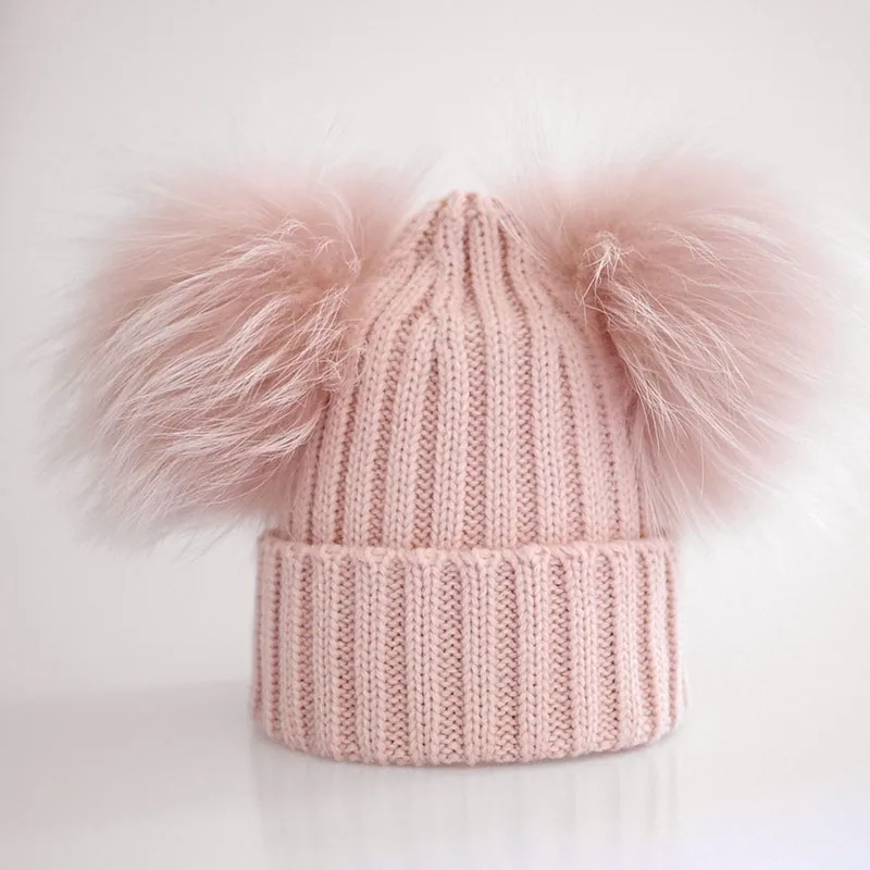 powder pink От 6 месяцев до 3 лет зимняя шапка с меховым помпоном для детей шерстяная вязаная шапочка шляпы для девочек - Цвет: powder pink