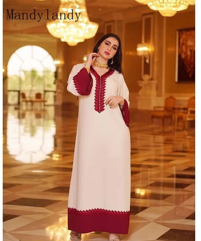 

Mandylandy Women's Casual Long Sleeve Dubai Stitching Loose Robe Muslim Fashion V-neck Arabic Dress