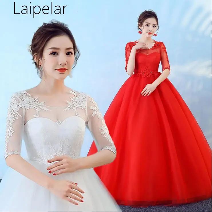 

Elegant Comfortable Red Lace Maternity Wedd-ing Dress Half Sleeve Lace Up Long Ball Gown Cheap Plus Size For Pregnant Bride