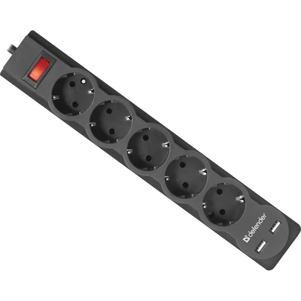 Сетевой фильтр Defender DFS 755 черный 5 0 м розеток 2xUSB 2.1A|Электротовары| |