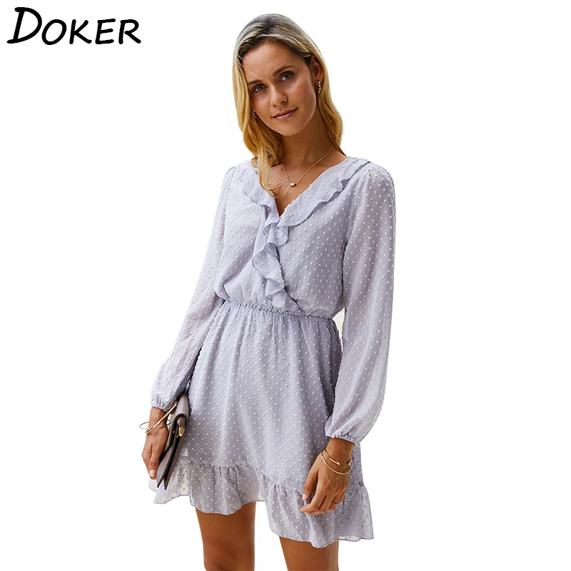 

Temperament V Neck Ruffle Long Sleeve Solid Color Dress Women Loose Casual Party Vacation Ladies Mini Dresses