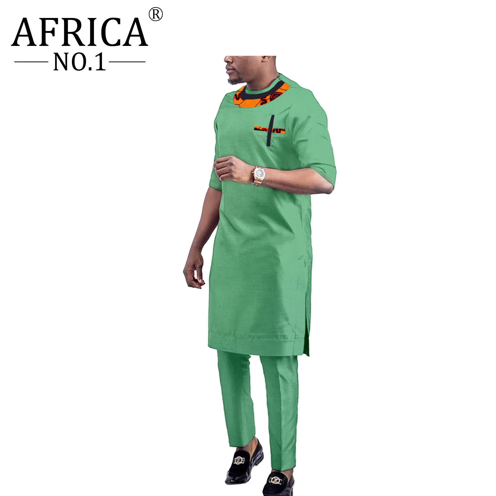 African Clothes For Men Wax Rich Bazin Dashiki Style Splicing Design 2 Piece Casual Sets Outfits Robe Long Sleeve Crew Neck