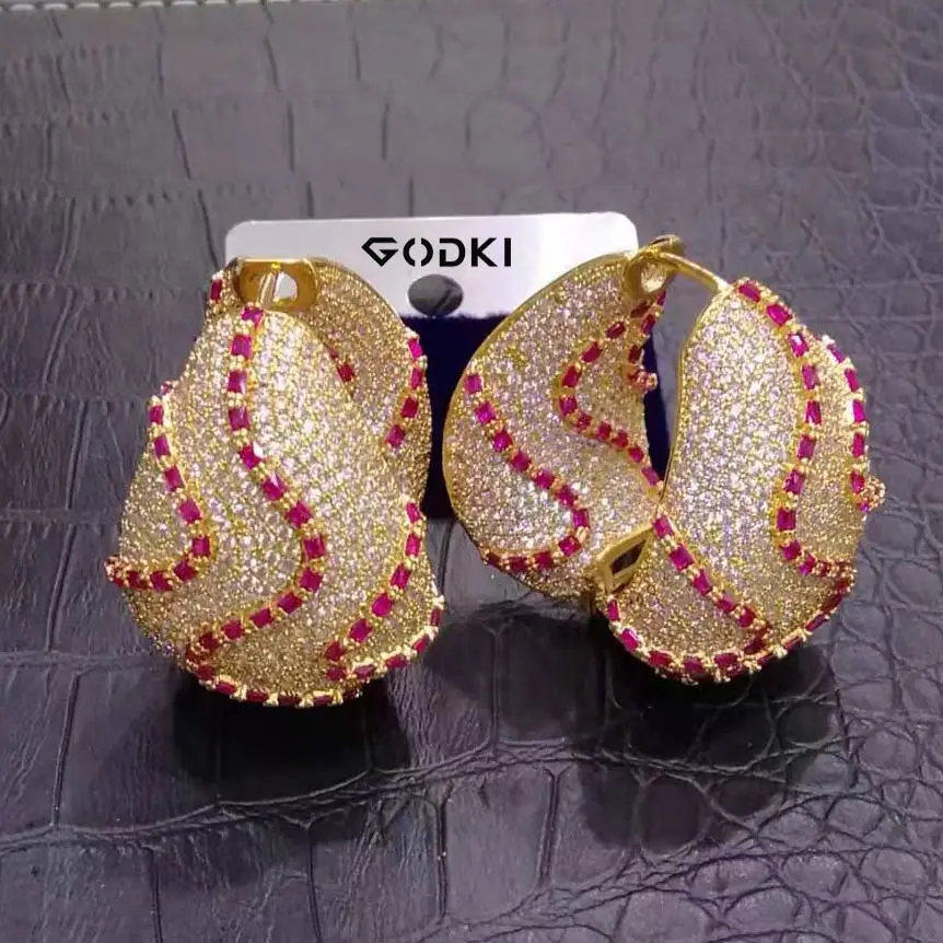 GODKI, модные, 3 тонные серьги с кубическим цирконием, модные, очаровательные, дубайские, большие, круглые, массивные серьги для женщин, свадебные ювелирные изделия