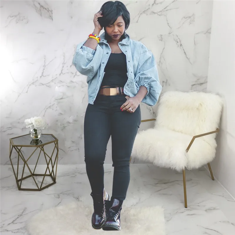 

Женская джинсовая куртка Tmustobe, Повседневная Свободная джинсовая куртка с рукавами-фонариками, однотонная однобортная куртка с отложным во...