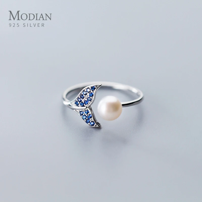

Modian Blue Crystal Mermaid Tail Elegant Pearl Open Adjustable Ring for Women Real 925 Sterling Silver Animal Ring Fine Jewelry