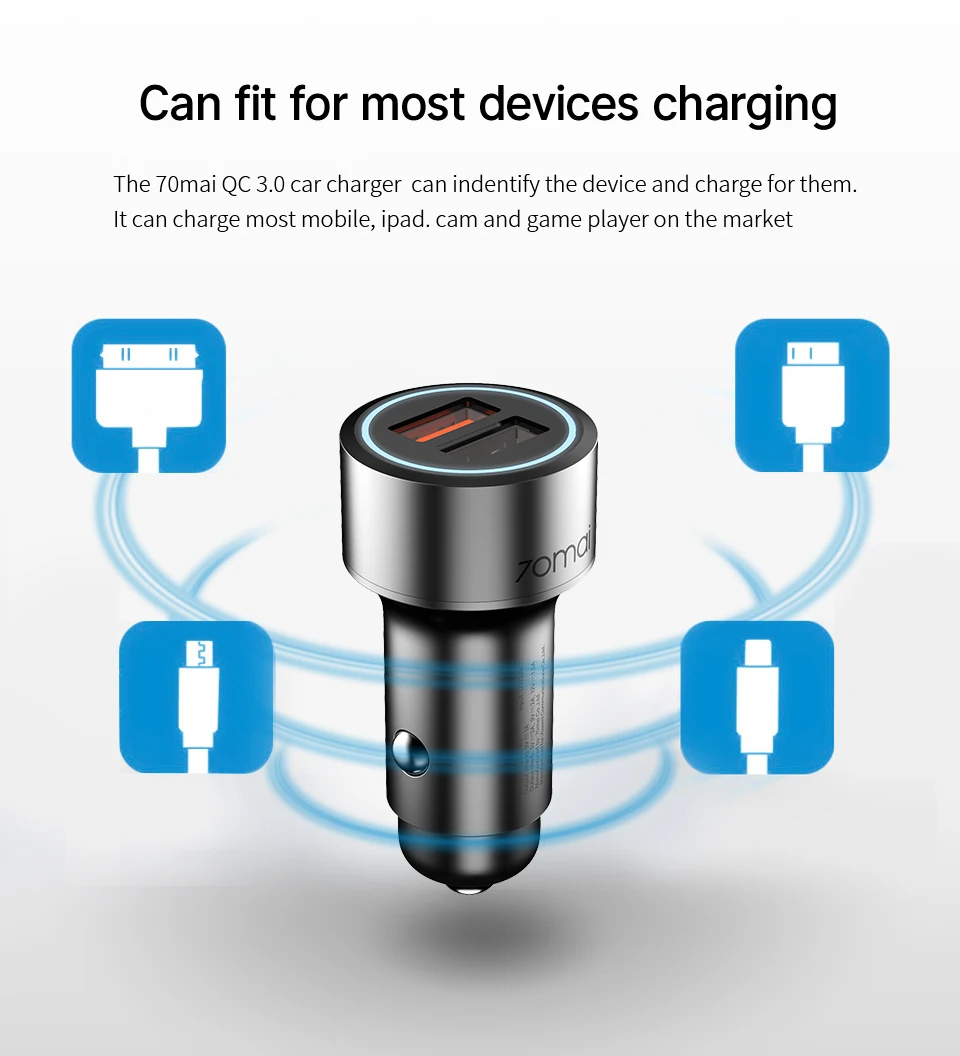 

70mai QC 3.0 Fast charge Dual USB Car Charger 70 mai Metal Case 2USB Vehicle car charger Android iOS for Phones