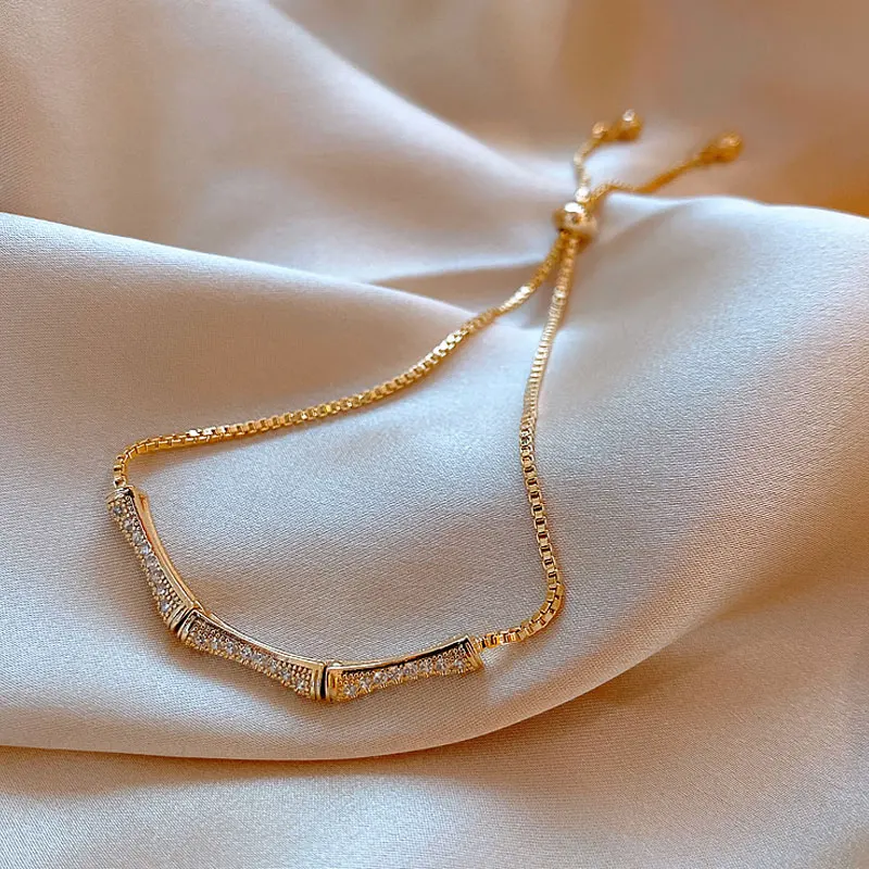 

2021New Trend Zircon Inlaid Goldon Metal Bamboo Bracelet Korean Fashion Lady Charm Bracelets Jewelry Party Classic Link Chain