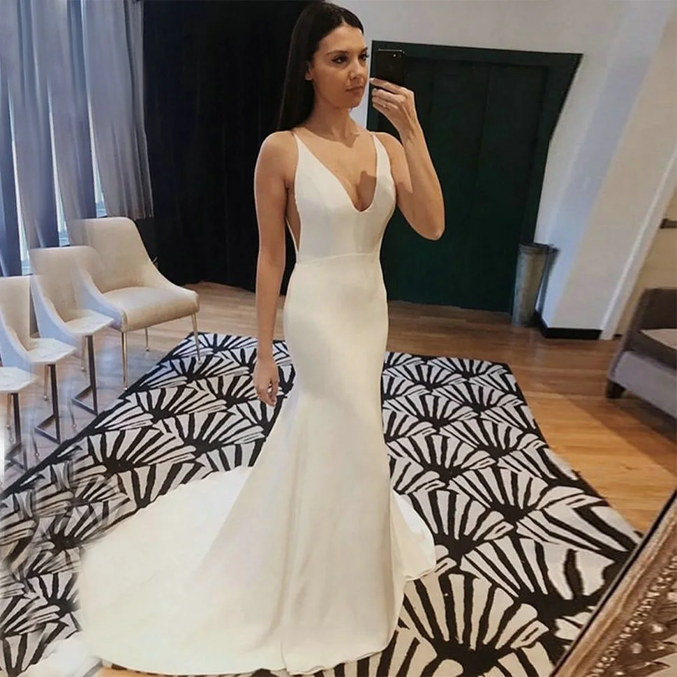 Новый 2019 Русалка свадебное платье спандекс без рукавов сексуальный глубокий v